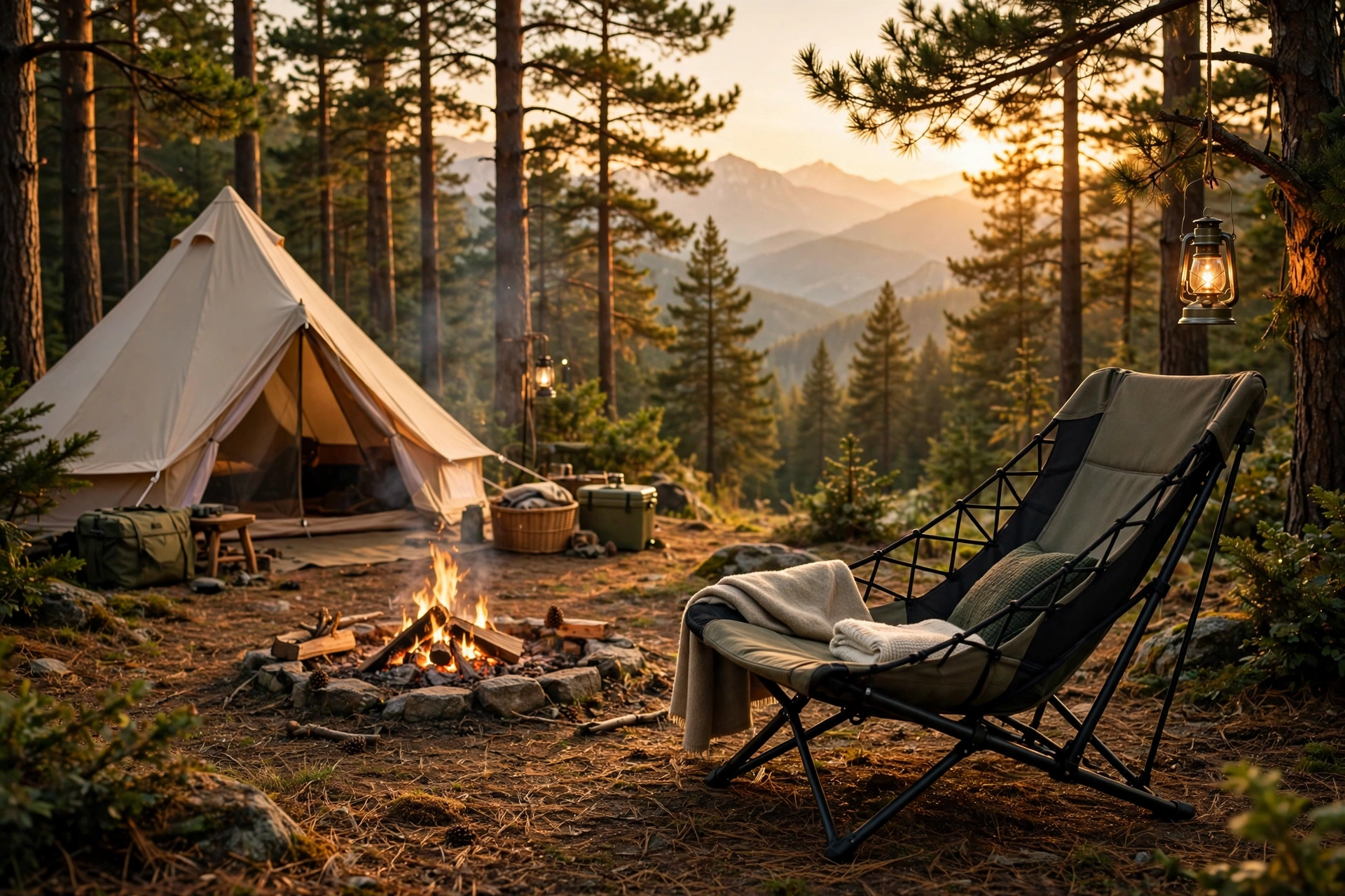 A rugged campsite at dusk, fire burning, gear staged and ready